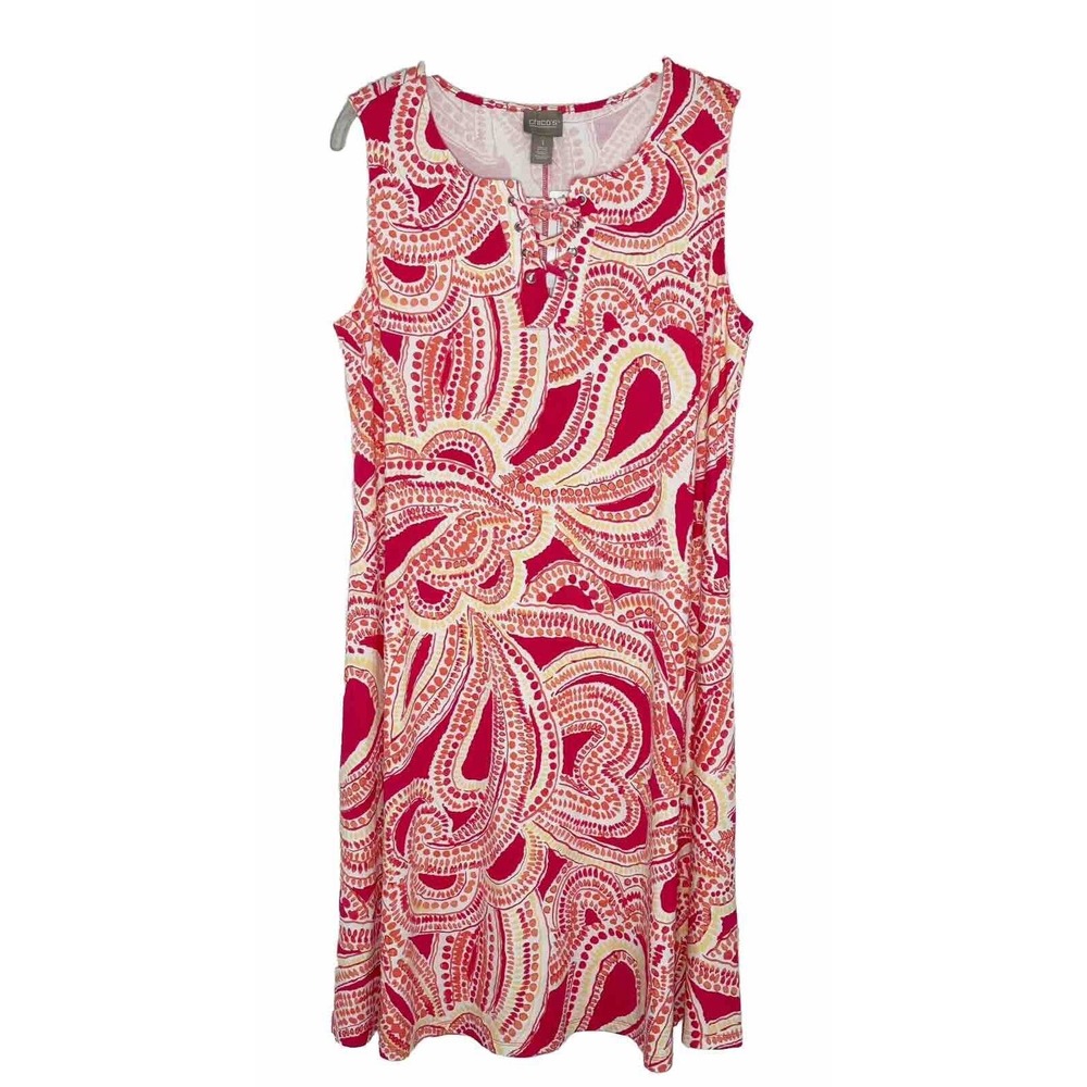 Chico's 1 Women's Pink White Paisley Sleeveless Shift Lace Up Dress Sz M New